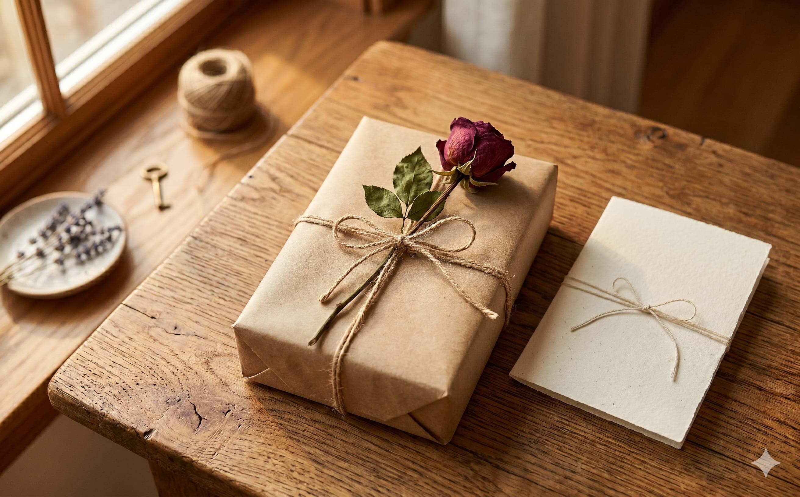 A kraft-paper-wrapped anniversary gift with a dried rose and a handwritten card on a warm oak table
