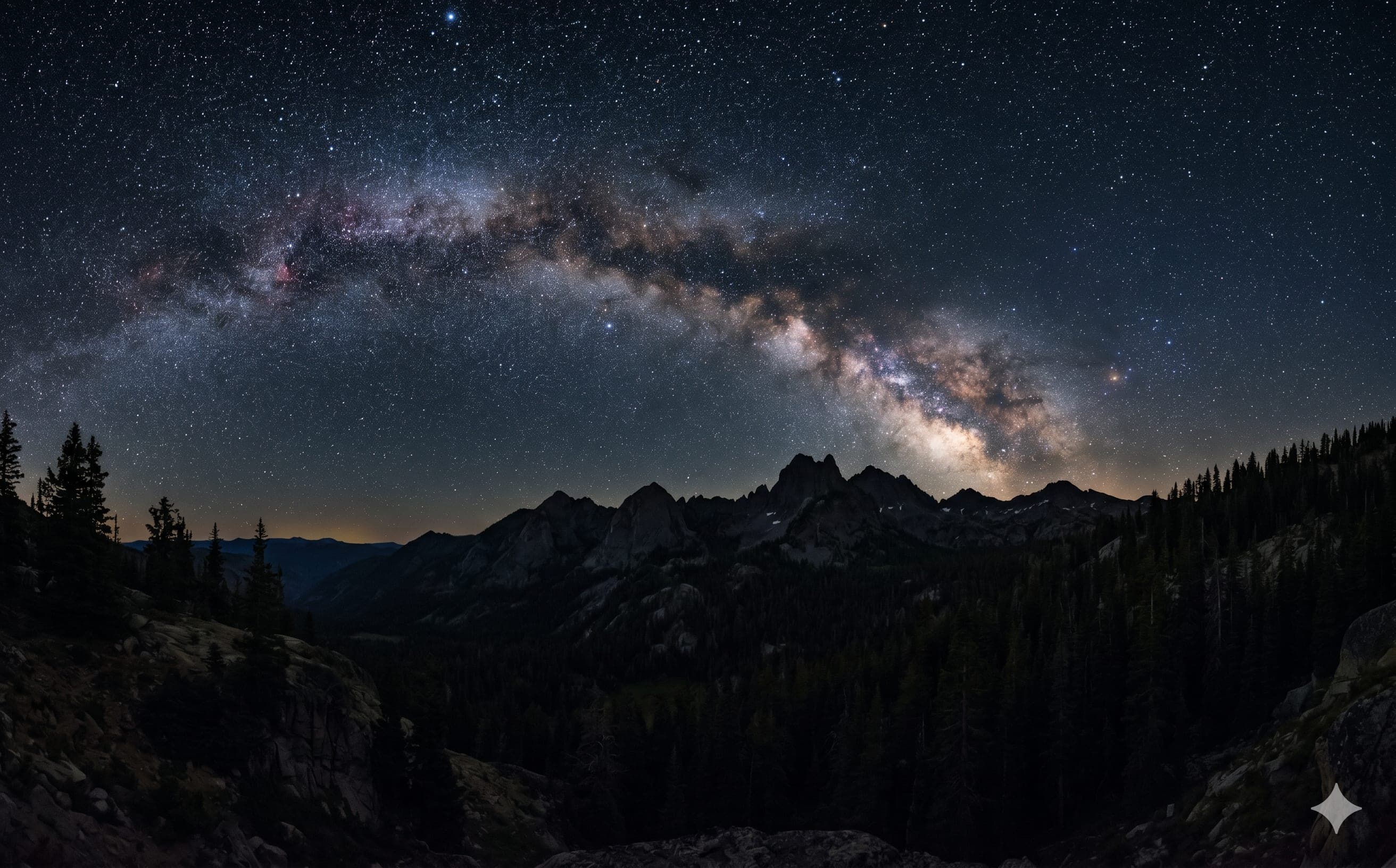 The Milky Way arching over silhouetted pine-covered mountains under a star-filled sky