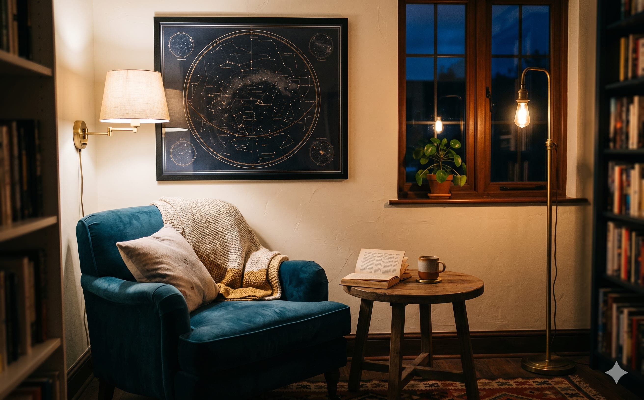 A cozy living-room corner with a framed star map above a velvet armchair and a warm reading lamp