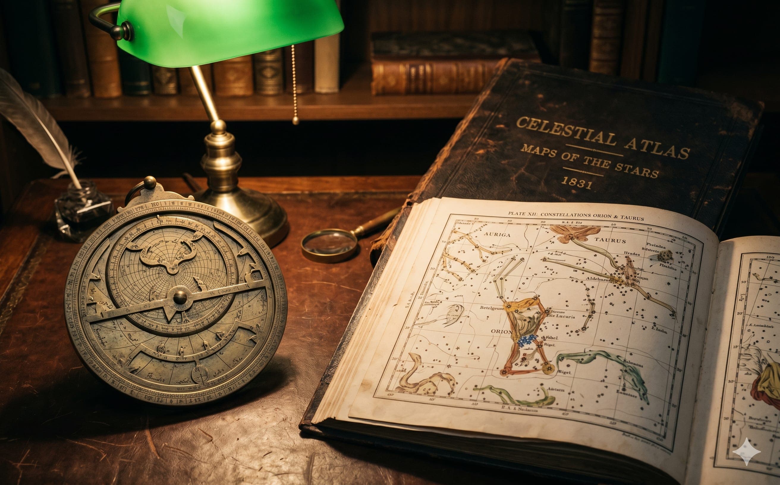 A brass astrolabe beside an open 1891 Celestial Atlas under a green banker's lamp