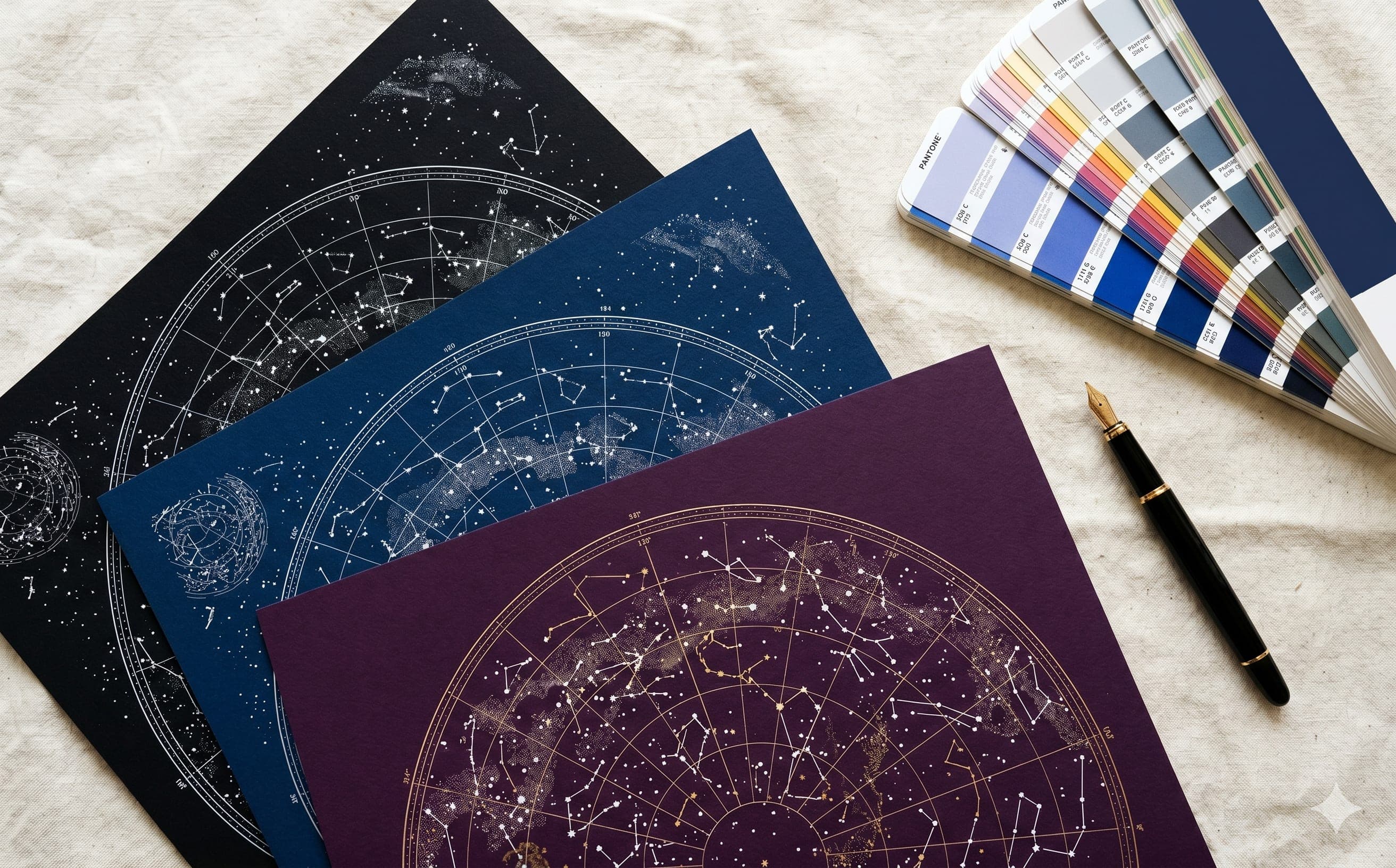 A flat lay of three custom star map posters in black, navy, and plum palettes beside a Pantone swatch book