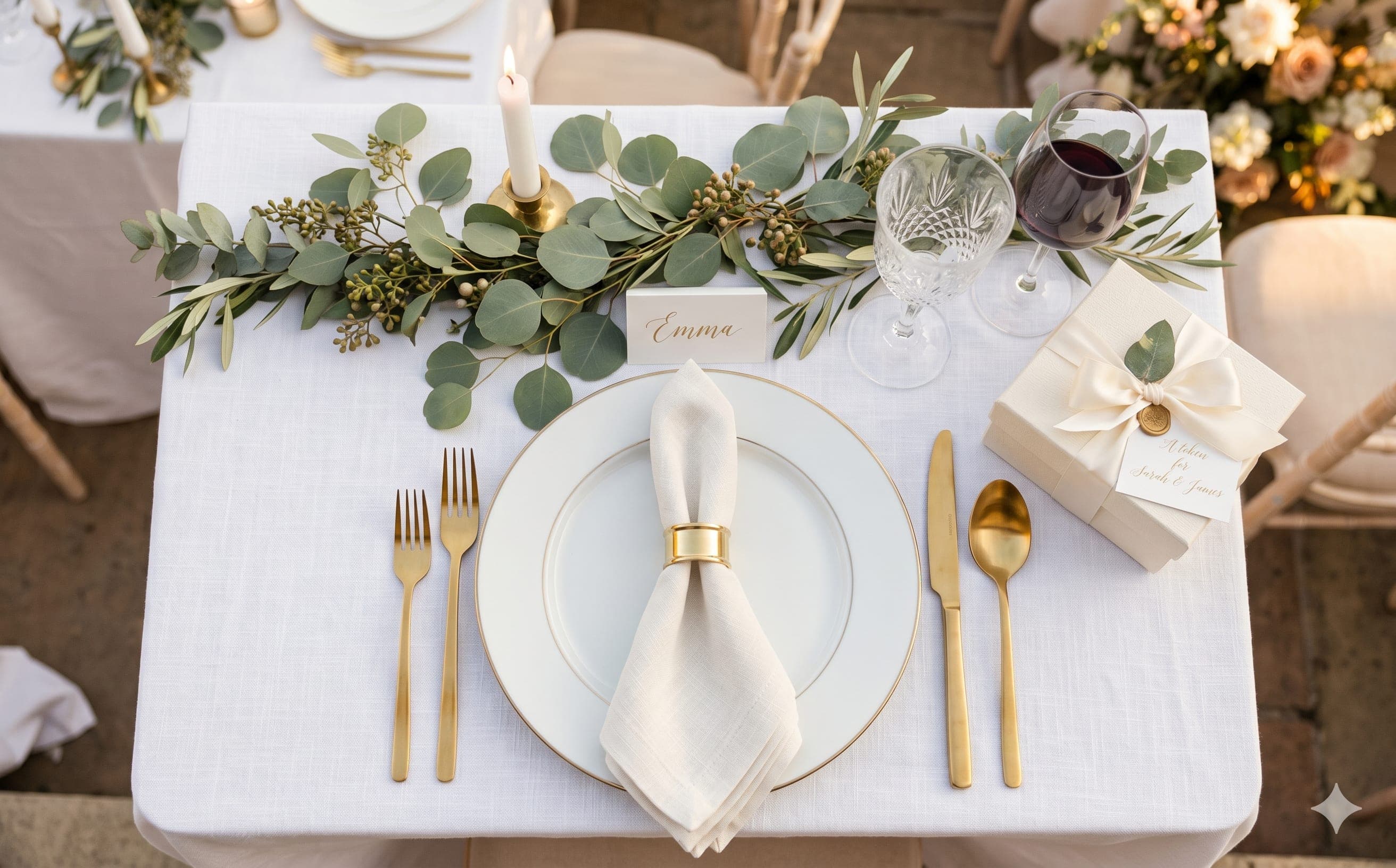 An elegant wedding table setting with white linen, gold cutlery, eucalyptus, and a wrapped gift