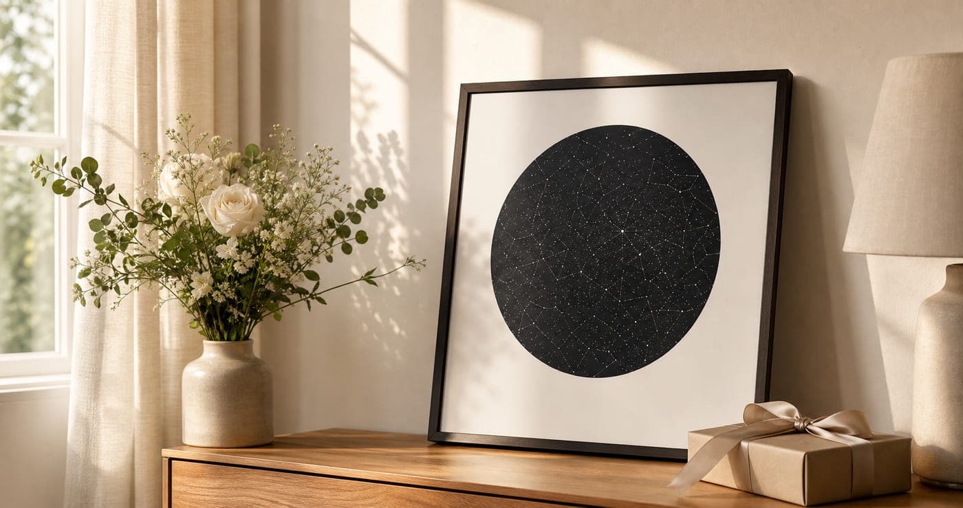 Tarjeta de aniversario personalizada sobre mesa de roble