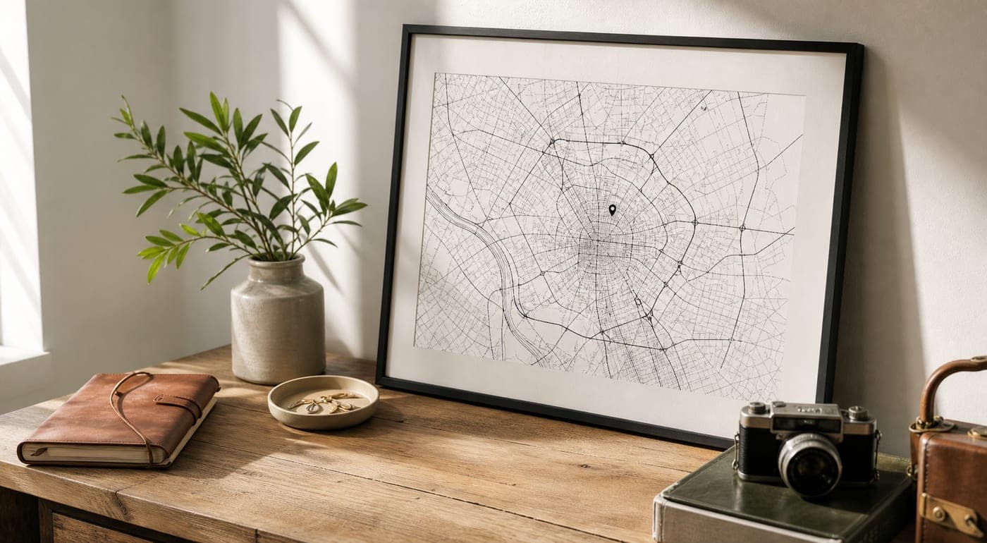 Mapa de ciudad impreso con estilo limpio en mesa moderna