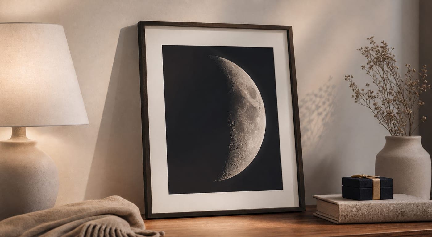 Mapa lunar personalizado sobre mesa con iluminación suave