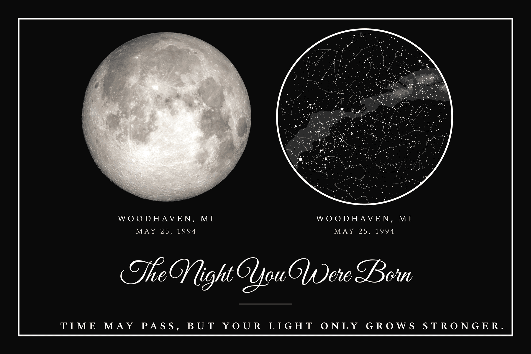 Lámina combo personalizada — mapa lunar y mapa estelar uno junto al otro