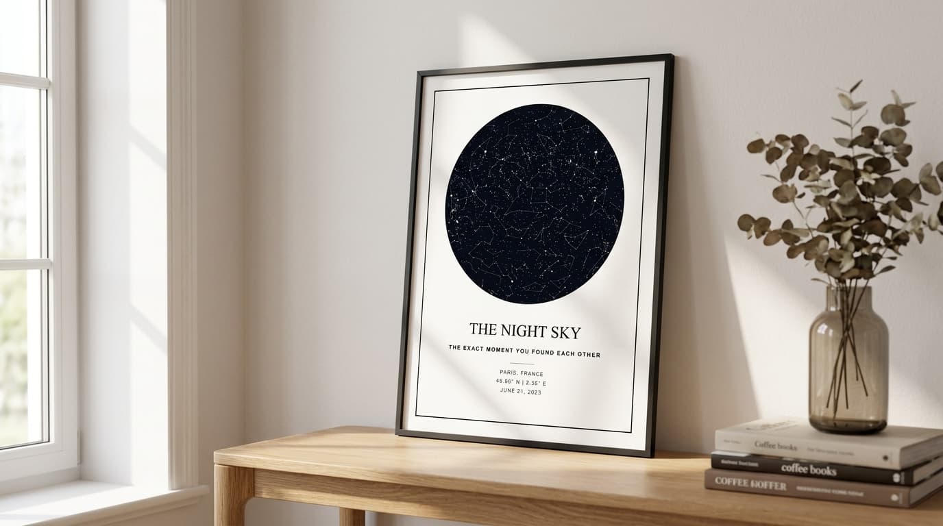 A framed personalized star map hanging on a warm-toned plaster wall above a wooden console — labelled with a date, place name, and the night-sky chart for that moment