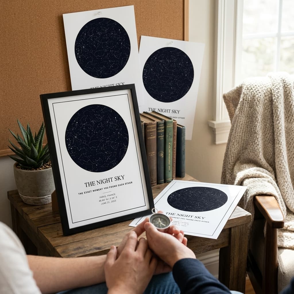 A framed memory poster on a cream wall — six personal photos arranged in a 2x3 grid above a script title and a short paragraph of text, lit by warm afternoon light