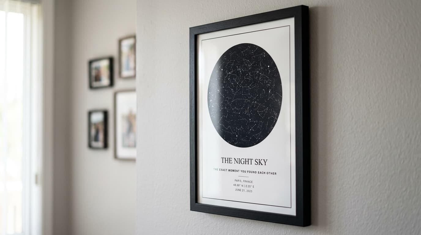 A framed memory poster on a soft-toned wall showing a 2x2 grid of four warm-lit family photos above a script title and a short message