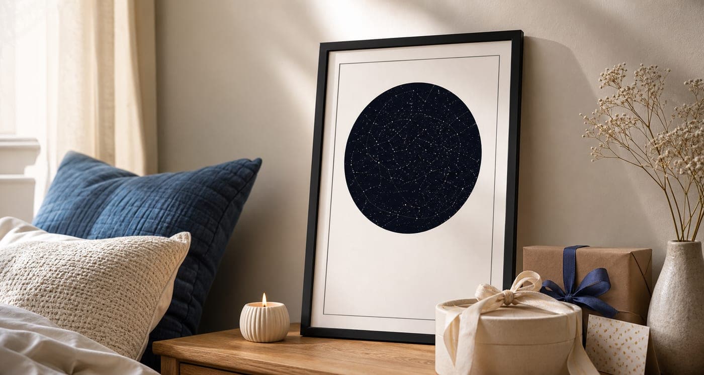 A framed custom birthday star map styled in a warm modern room with a small gift box