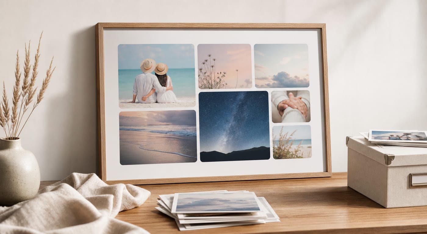 A framed memory poster collage styled on a calm modern desk with photo prints nearby