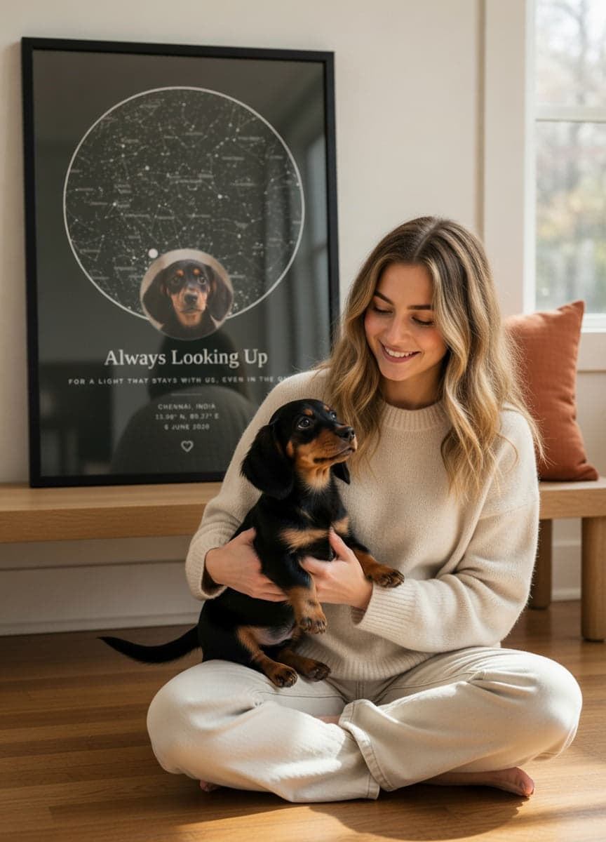 A young woman sitting on the floor holding a black-and-tan dachshund puppy, with a framed pet star map titled 'Always Looking Up' visible on the wall behind them