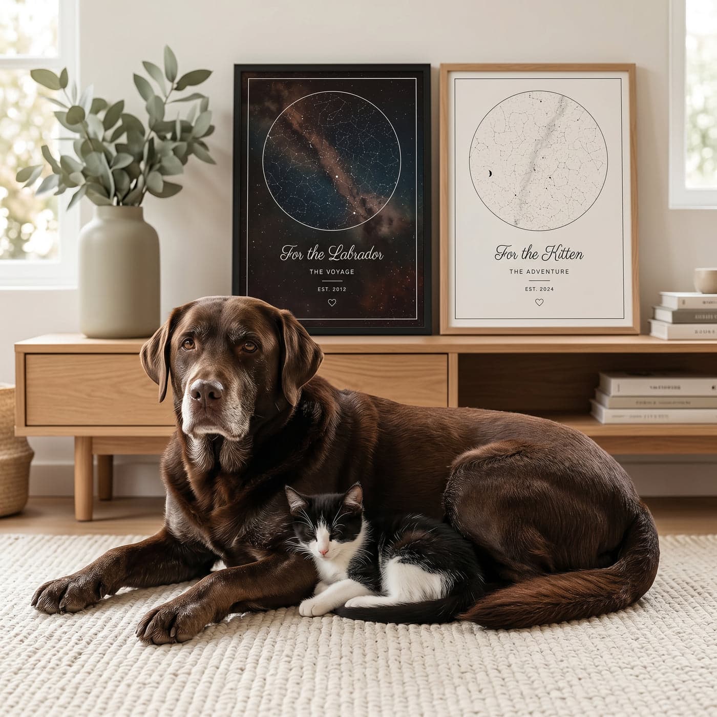 A chocolate labrador and a black-and-white kitten resting together on a cream rug, with two framed pet star maps behind them labelled 'For the Labrador' and 'For the Kitten'
