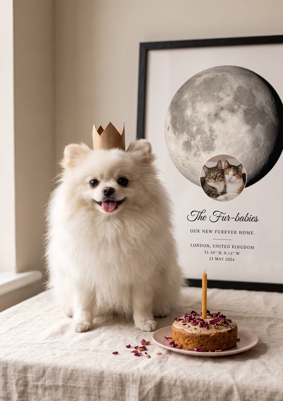 A white pomeranian wearing a small paper crown sitting beside a tiny birthday cake, with a framed pet moon map titled 'The Fur-babies' propped behind them