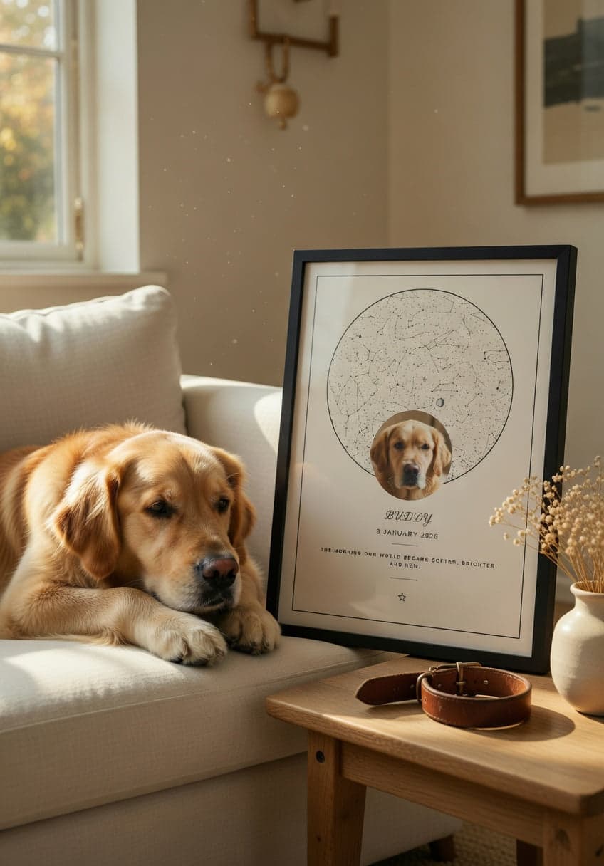 A senior golden retriever resting on a cream sofa next to a framed pet star map titled 'Buddy' on a side table in warm afternoon light