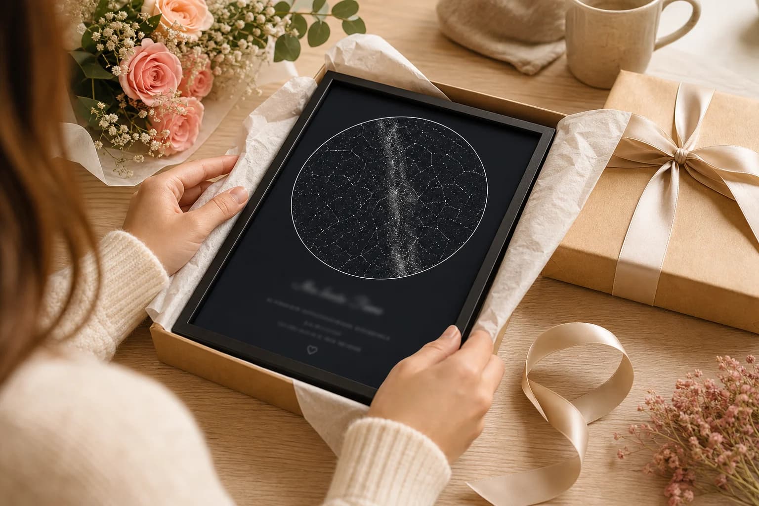 Hands opening an anniversary gift box with a framed custom star map inside