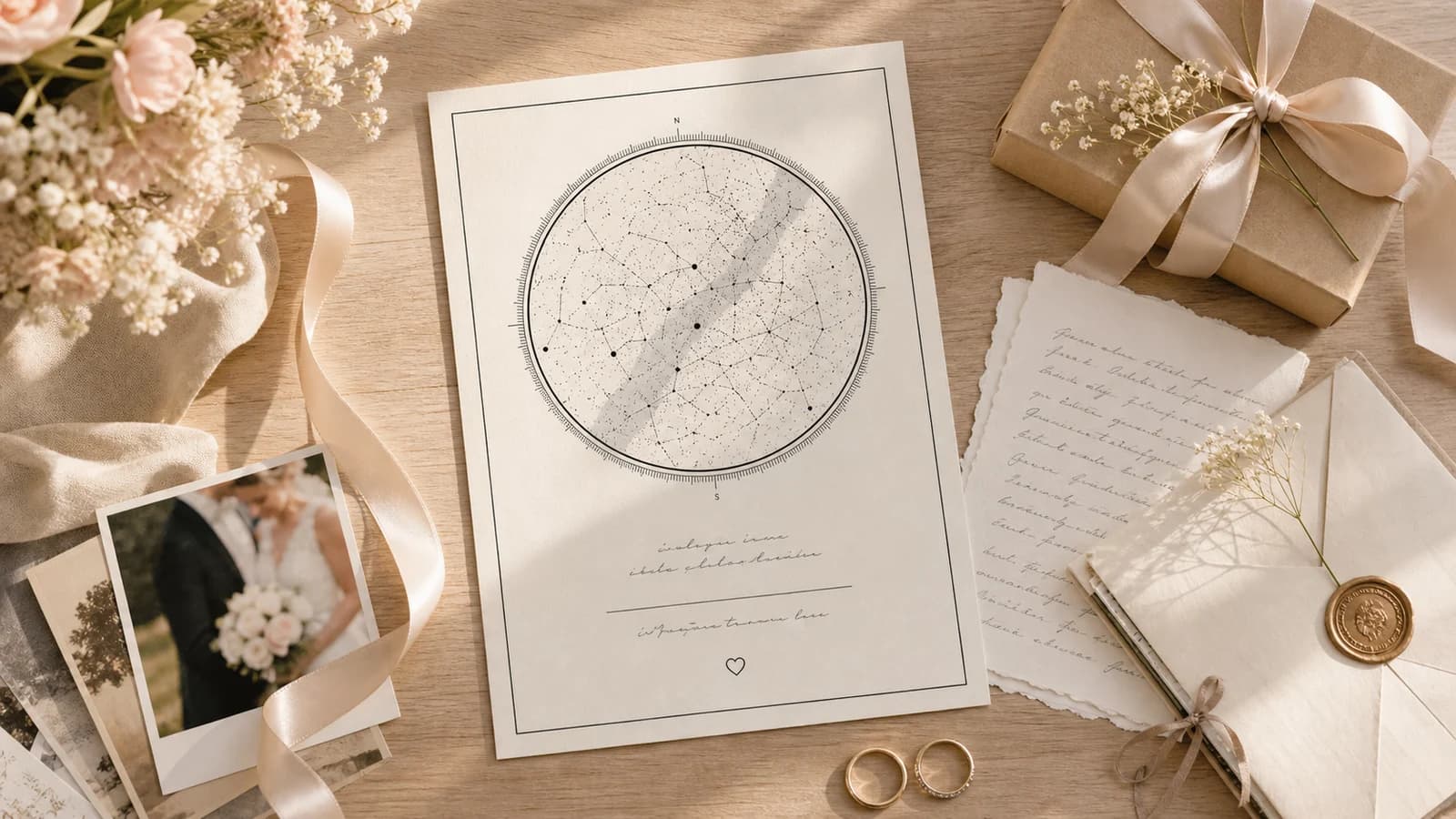 Regalo de primer aniversario con mapa estelar y carta escrita a mano