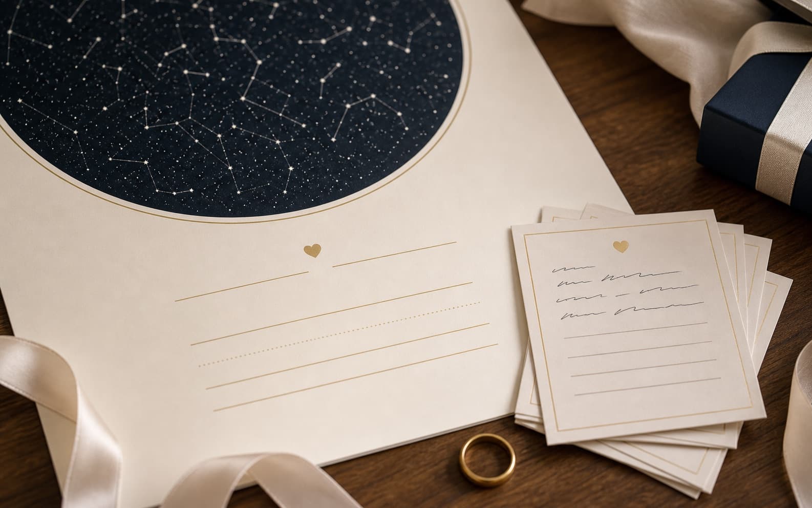 Close-up of an anniversary star map proof with rings, ribbon, and handwritten message cards