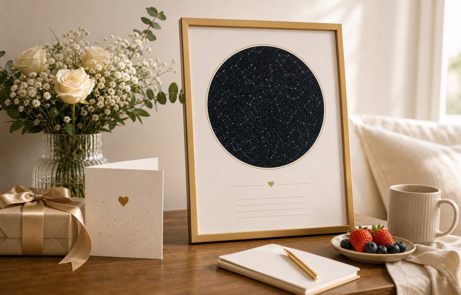 A warm anniversary breakfast scene with a framed custom star map, flowers, card, and wrapped gift