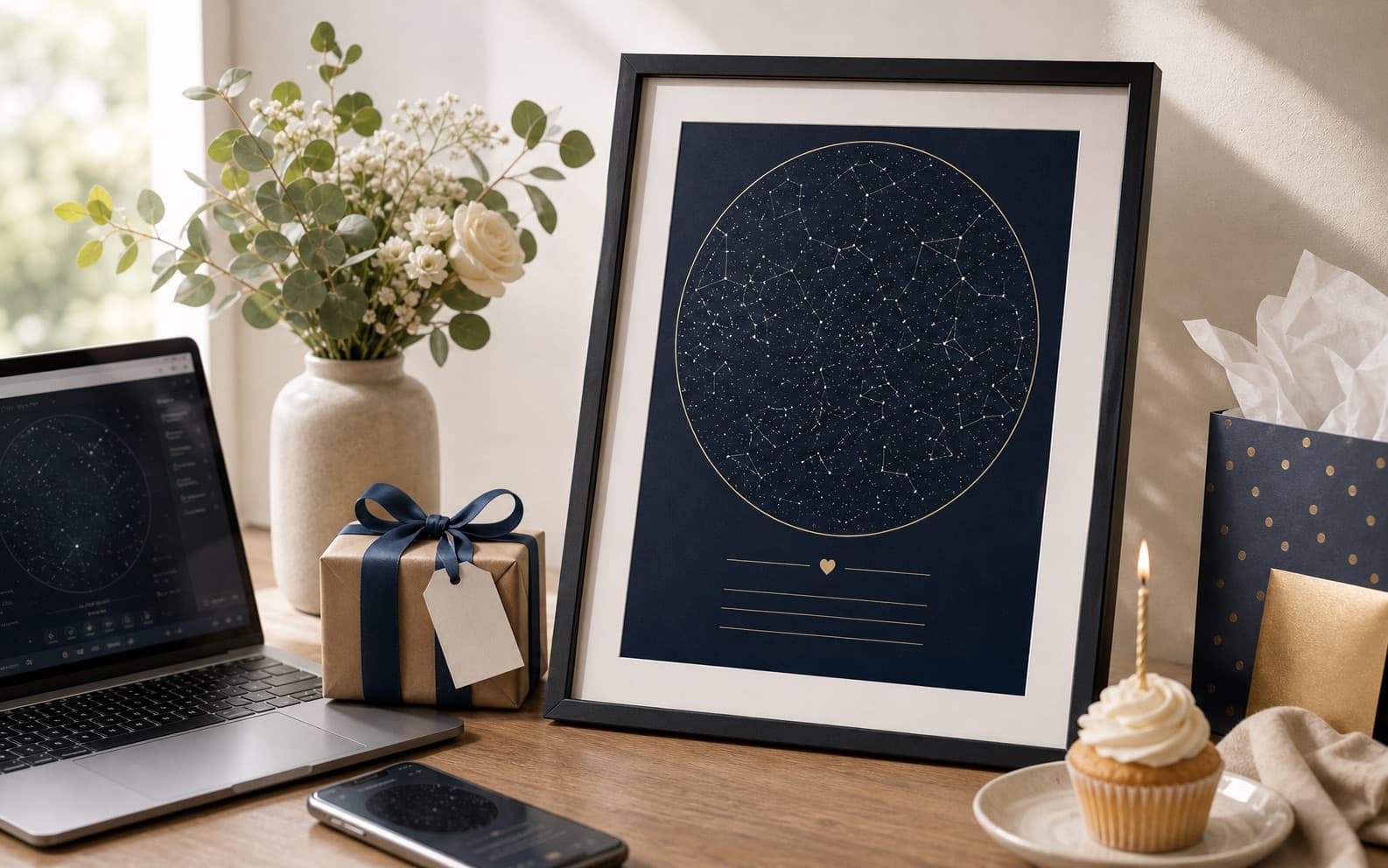 A birthday gift setting with a framed birthday star map, small candle, laptop, and phone preview