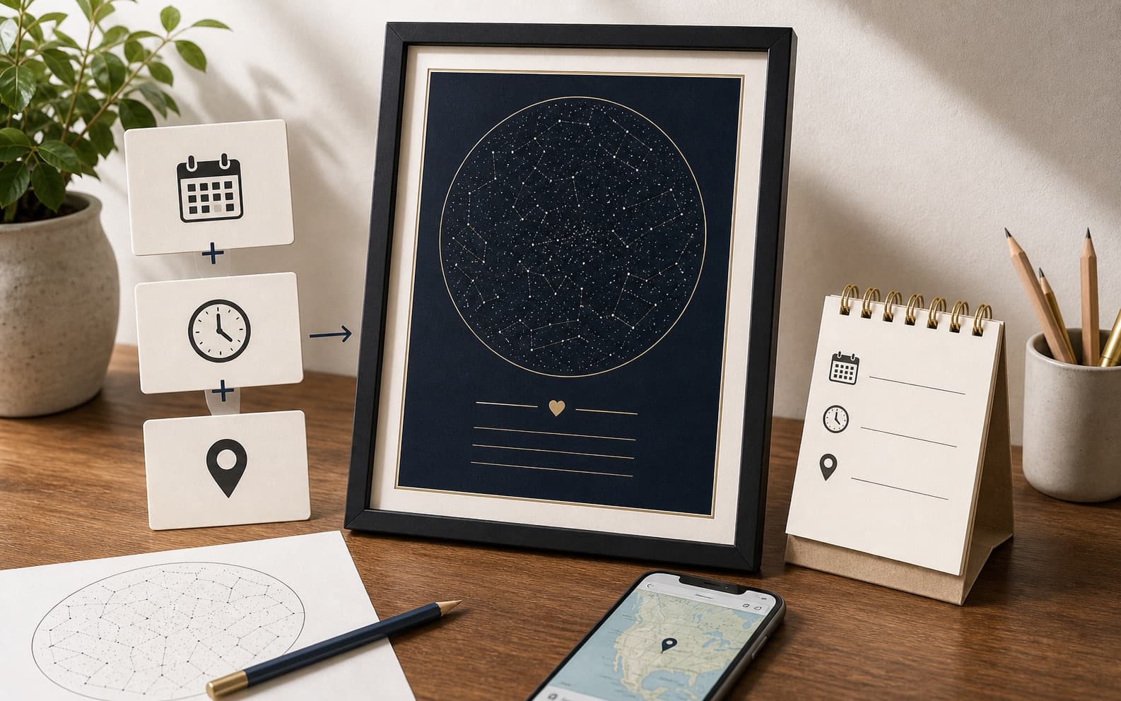 A process desk showing date, time, and location inputs beside a birthday star map proof