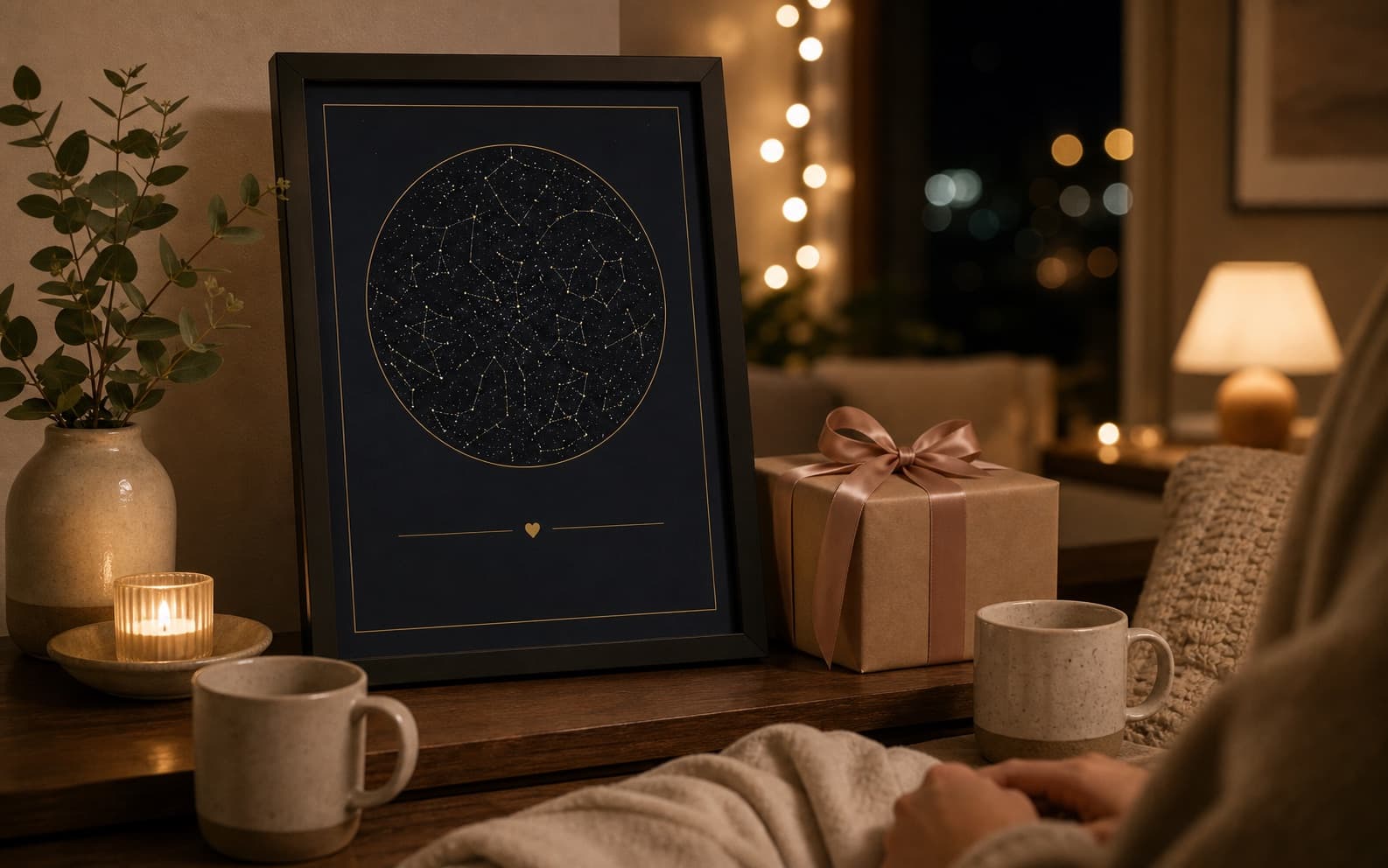 A cozy apartment scene with a wrapped gift, mugs, fairy lights, and a framed custom star map