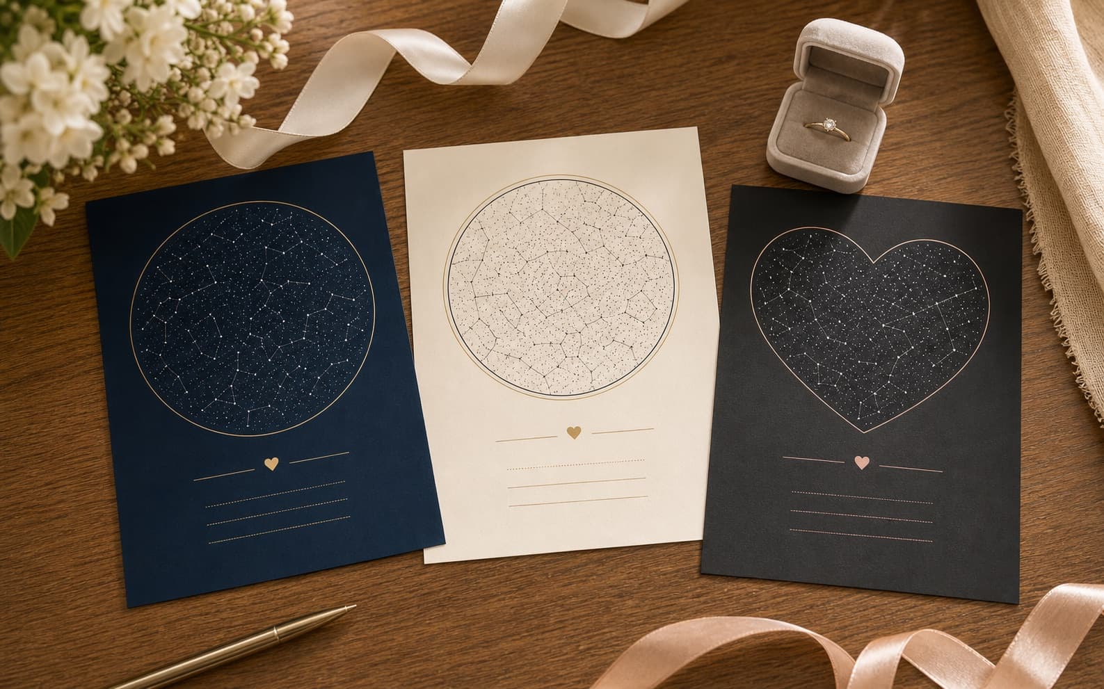 A tabletop scene with three custom star map proof options for a first date, proposal, and long-distance memory