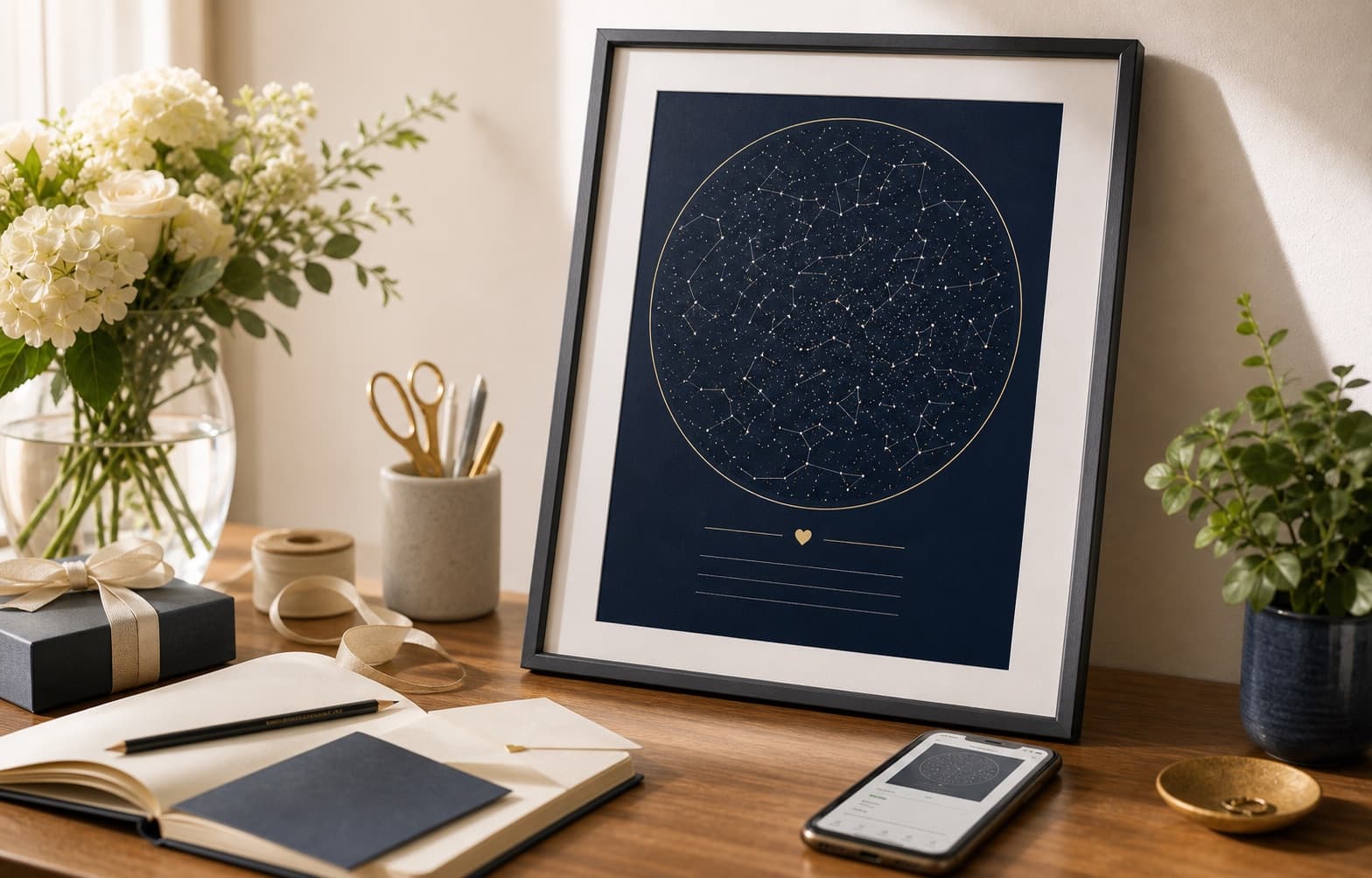 A warm writing desk with a framed custom star map, stationery, color swatches, and a phone preview