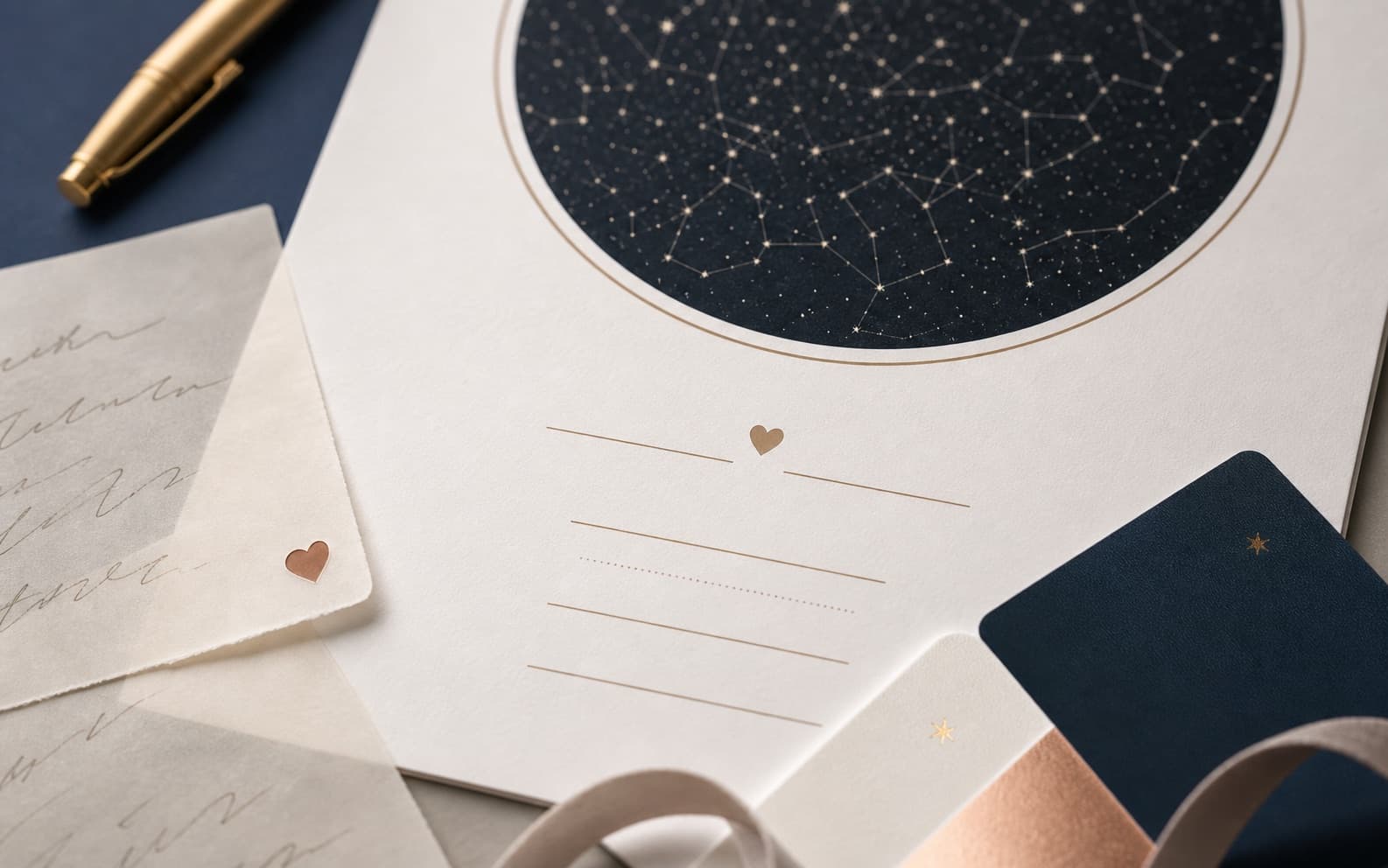 Close-up of star map message cards, color swatches, and a pen beside a printed proof