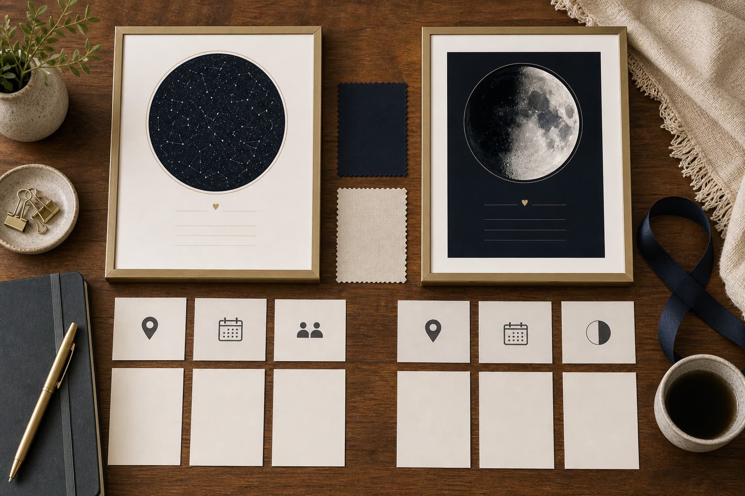 Overhead comparison desk with star map and moon map proofs, notes, ribbon, and color swatches