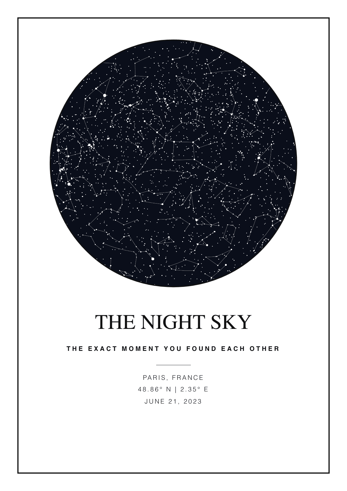 Close-up of a classic black-on-cream star map showing dots of varying sizes for star brightness, with faint lines connecting them into recognizable constellation patterns